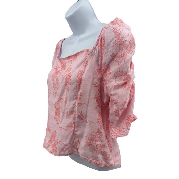 Cynthia Rowley Linen Smocked Blouse M Pink Peacock Print Puff Sleeve Square Neck - Picture 4 of 10